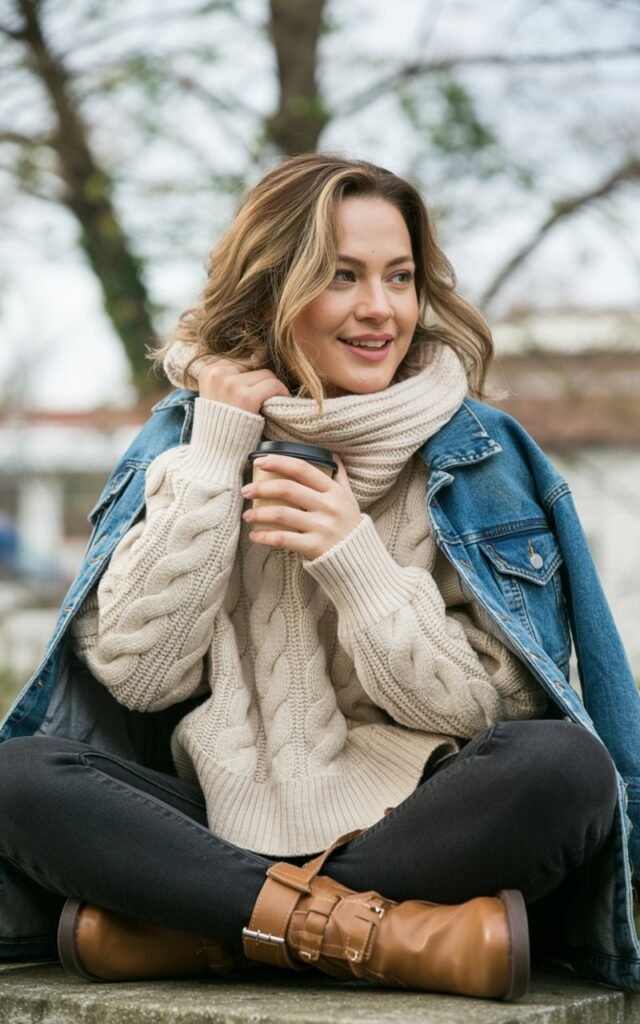A natural-looking young woman wearing classic winter layers including knits, denim, and everyday boots. Theme cute casual winter outfits