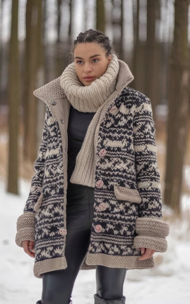 A natural-looking young woman wearing cozy leggings styled with a scarf and statement winter outerwear. Theme legging outfits winter