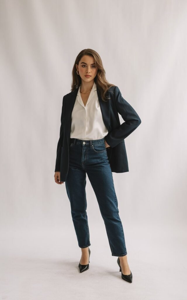 A natural-looking young woman wearing dark denim styled with a polished blouse and heels. Theme semi formal outfits for women