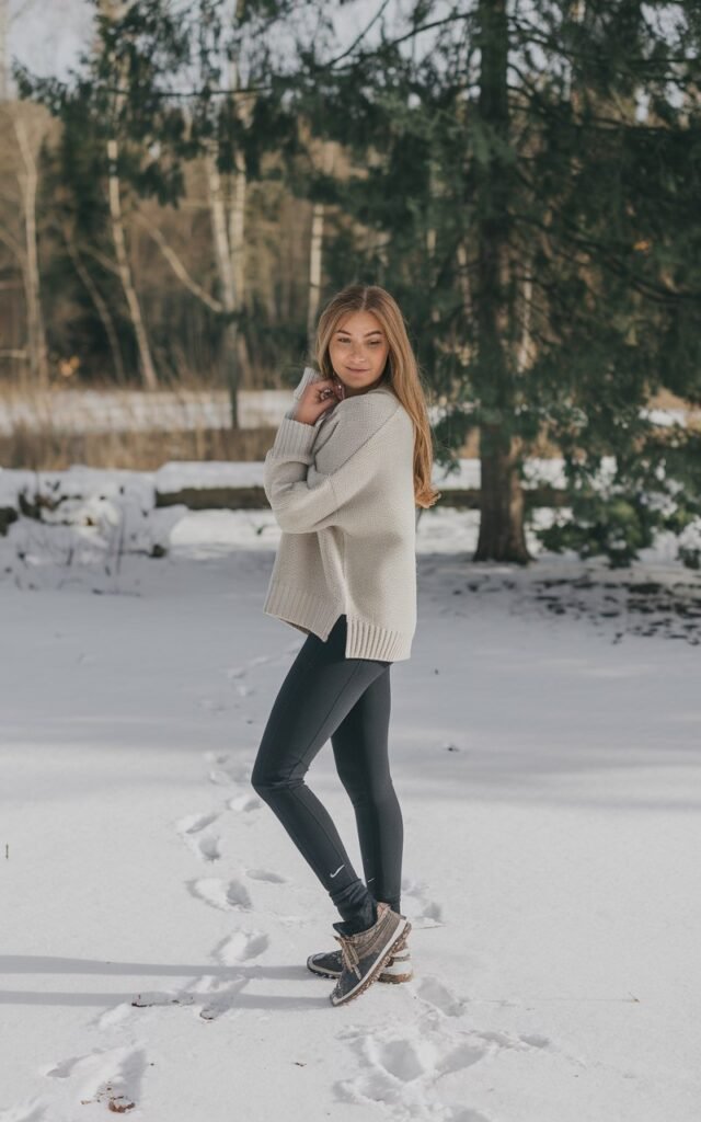 A natural-looking young woman wearing dark leggings paired with a light neutral sweater and winter shoes. Theme legging outfits winter