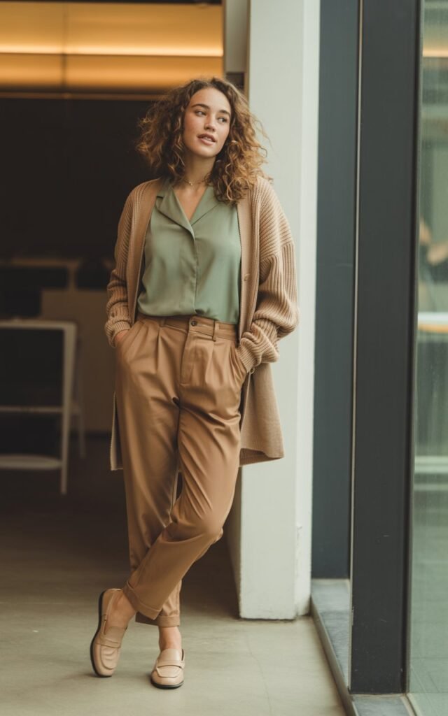A natural-looking young woman wearing earth-tone separates styled in an effortless, coordinated look. Theme casual work outfits