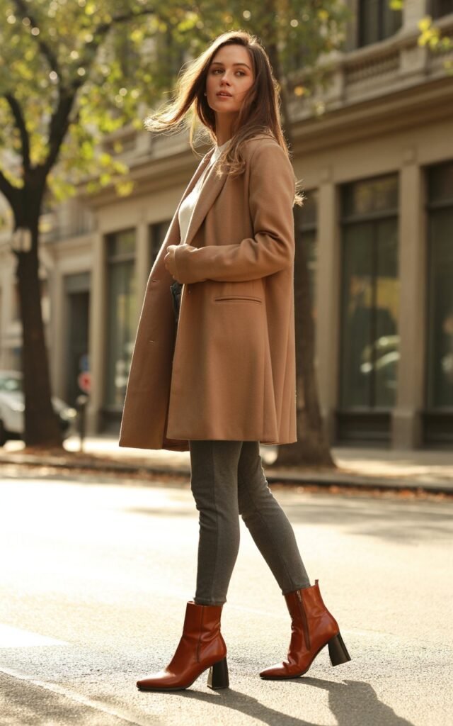 A natural-looking young woman wearing everyday leggings, block-heel boots, and a tailored coat. Theme leggings and boots outfit