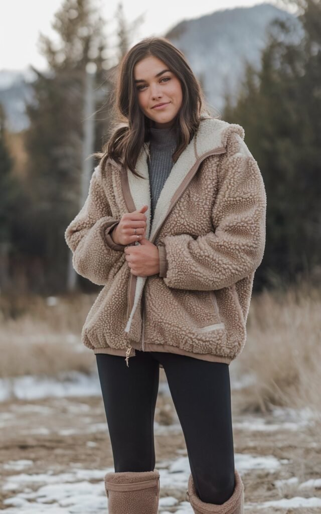 A natural-looking young woman wearing everyday leggings paired with a cozy sherpa jacket and boots. Theme legging outfits winter