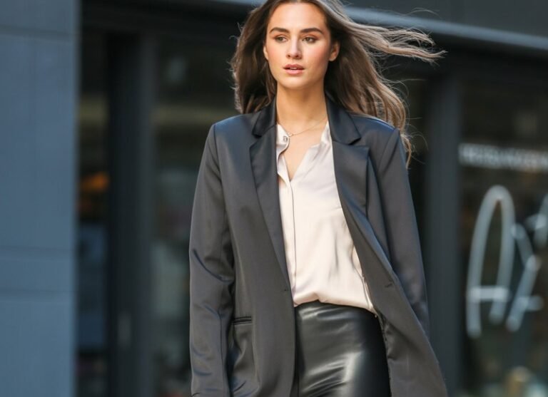 A natural-looking young woman wearing faux leather leggings, heeled boots, and a structured blazer. Theme leggings and boots outfit