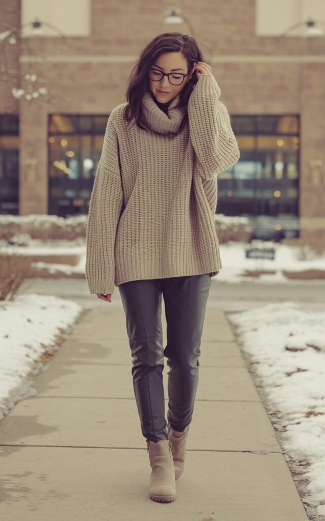 A natural-looking young woman wearing faux leather leggings paired with a chunky knit pullover and neutral boots. Theme legging outfits winter