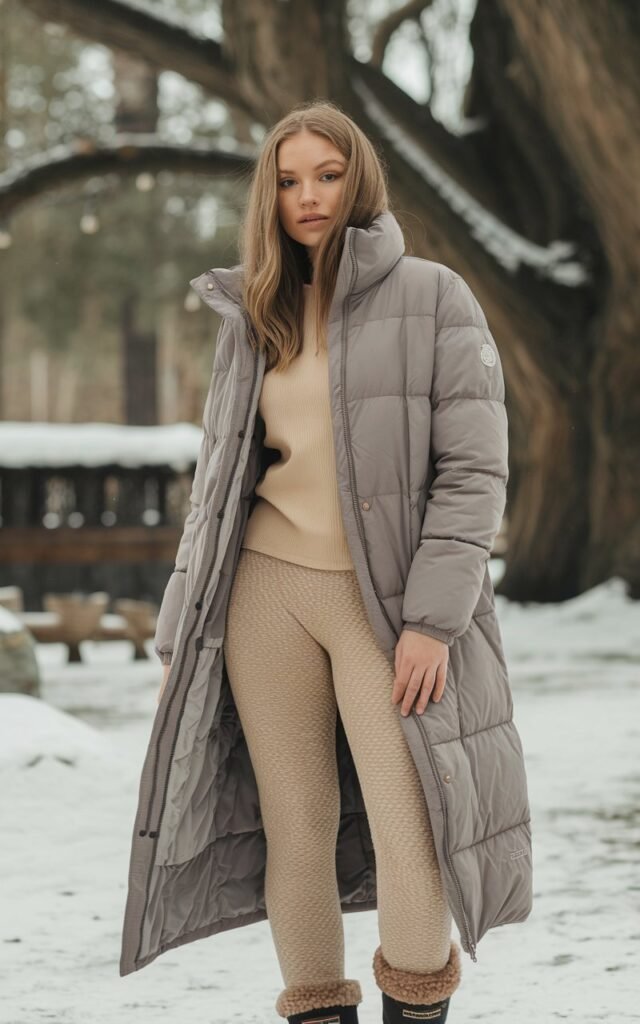 A natural-looking young woman wearing fleece-lined leggings layered with a long puffer jacket and winter boots. Theme legging outfits winter