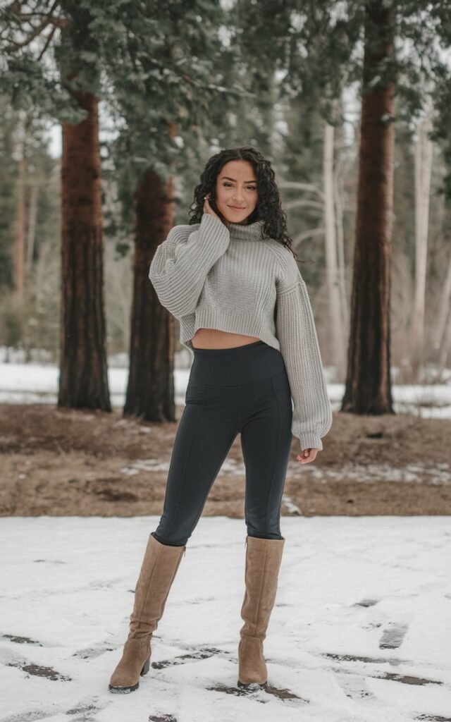A natural-looking young woman wearing high-waisted leggings styled with a cropped sweater and tall boots. Theme legging outfits winter