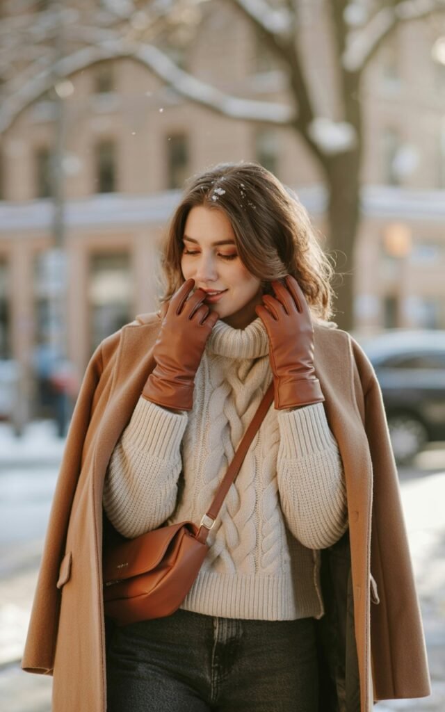 A natural-looking young woman wearing leather gloves and carrying a crossbody bag with a cozy winter outfit. Theme winter outfits aesthetic