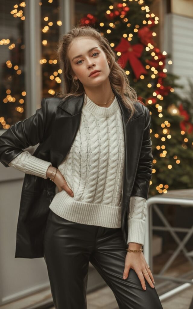 A natural-looking young woman wearing leather pants mixed with a soft knit top. Theme christmas party outfits