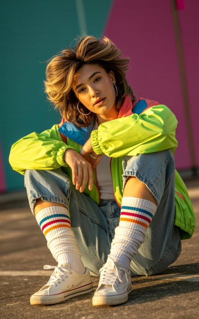 A natural-looking young woman wearing leg warmers layered over slouchy socks and sneakers. Theme 80s outfits