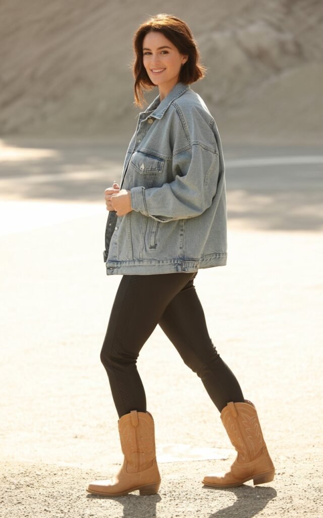 A natural-looking young woman wearing leggings, Western boots, and an oversized denim jacket. Theme leggings and boots outfit