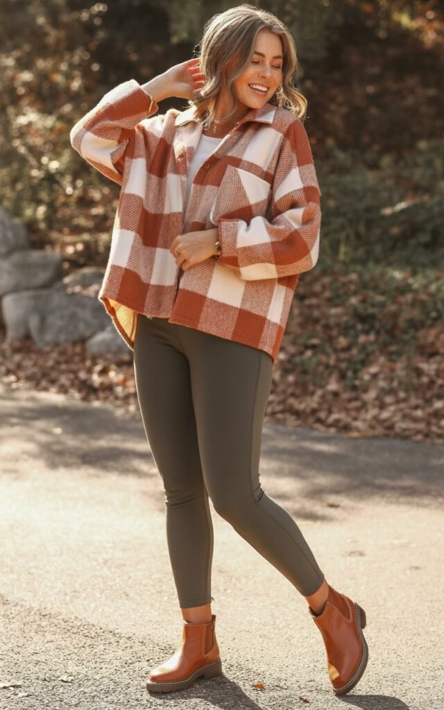 A natural-looking young woman wearing leggings, ankle boots, and a cozy shacket. Theme leggings and boots outfit