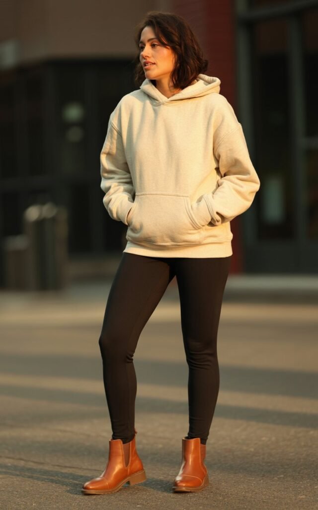 A natural-looking young woman wearing leggings, flat boots, and a long hoodie. Theme leggings and boots outfit