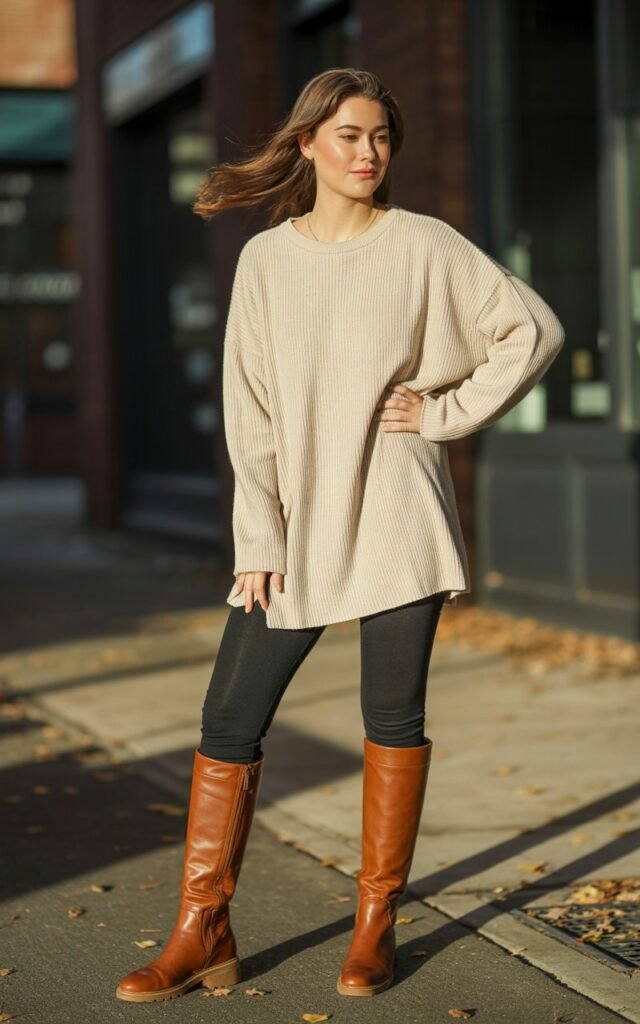 A natural-looking young woman wearing leggings, knee-high boots, and a longline knit tunic. Theme leggings and boots outfit