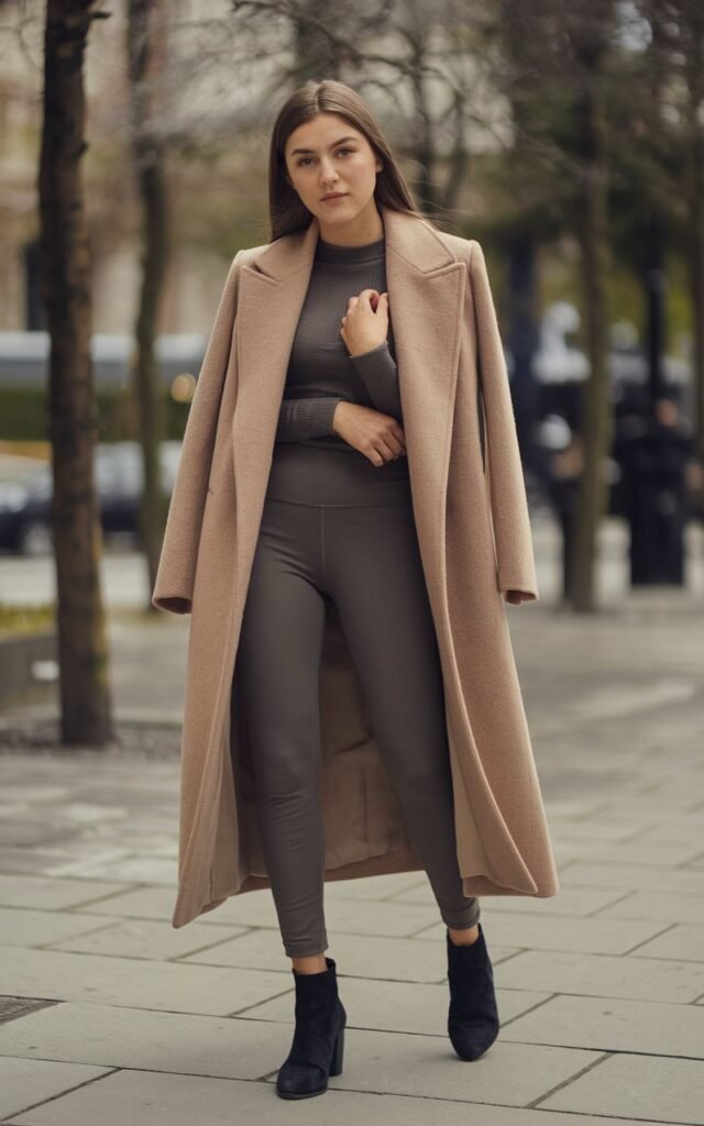 A natural-looking young woman wearing leggings paired with a longline coat for a polished look. Theme stylish outfits