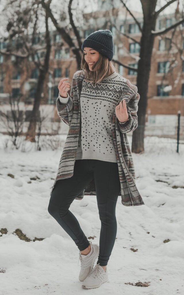 A natural-looking young woman wearing leggings paired with sneakers, a cozy top, and a beanie. Theme legging outfits winter