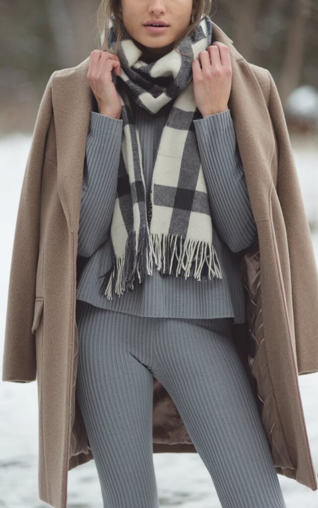 A natural-looking young woman wearing matching monochrome leggings and a knit top layered with a winter coat. Theme legging outfits winter