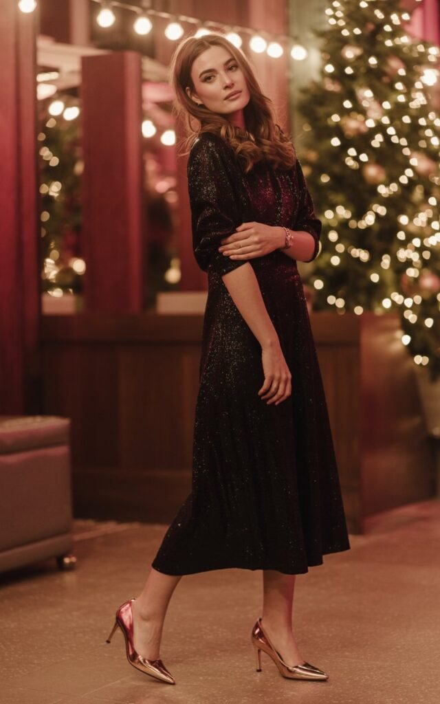A natural-looking young woman wearing metallic shoes to instantly upgrade a simple outfit. Theme christmas party outfits