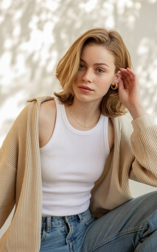 A natural-looking young woman wearing neutral layered clothing styled with minimal makeup. Theme rachel green outfits