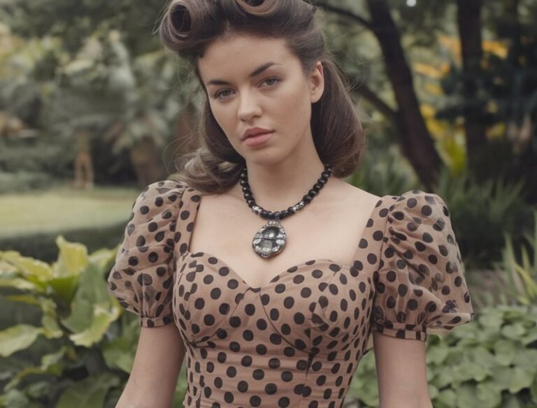 A natural-looking young woman wearing polka dots or loud geometric prints. Theme 80s outfits