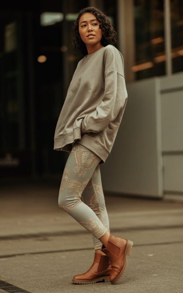 A natural-looking young woman wearing printed leggings, solid boots, and a relaxed sweatshirt. Theme leggings and boots outfit