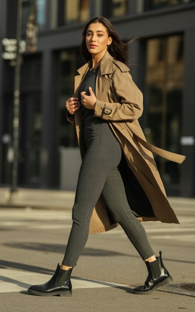 A natural-looking young woman wearing ribbed leggings, Chelsea boots, and a classic trench coat. Theme leggings and boots outfit