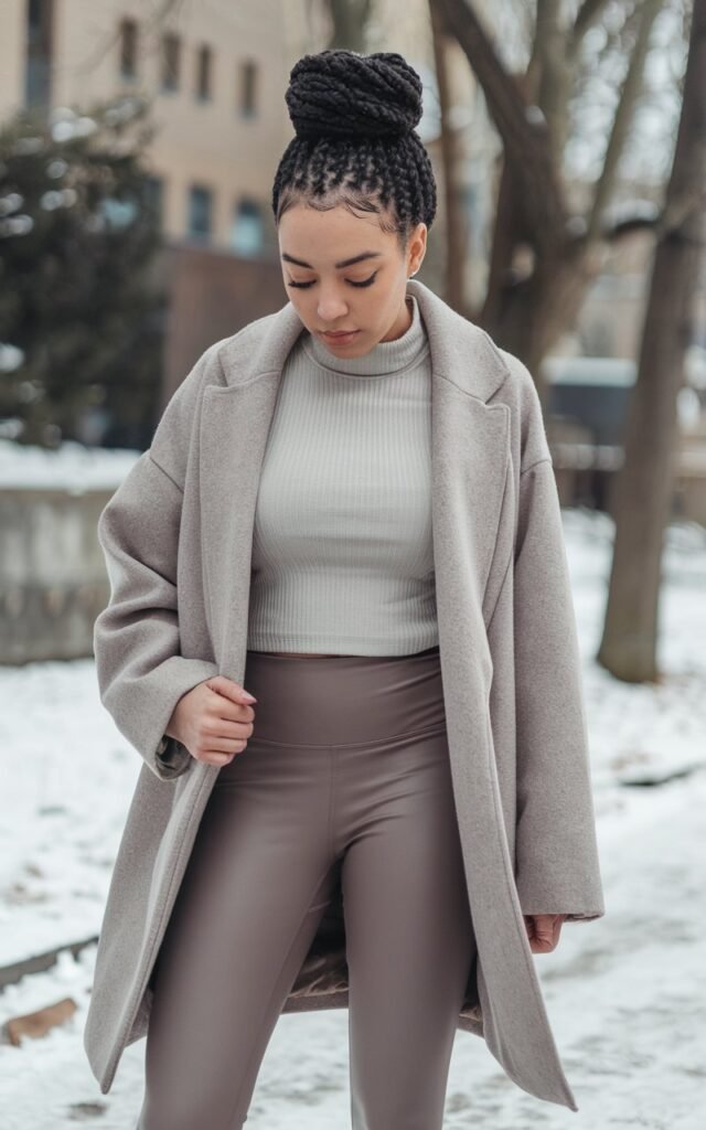 A natural-looking young woman wearing sleek neutral leggings styled with a wool coat and ankle boots. Theme legging outfits winter