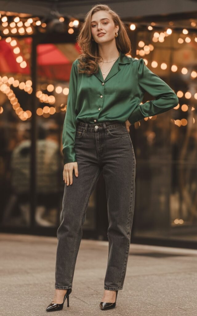 A natural-looking young woman wearing straight-leg jeans elevated with a dressy blouse and heels. Theme christmas party outfits