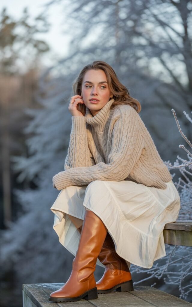 A natural-looking young woman wearing textured knit layers paired with a white skirt and winter boots. Theme white skirt outfit winter
