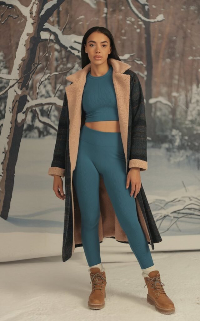 A natural-looking young woman wearing thermal leggings styled with a longline winter coat and boots. Theme legging outfits winter