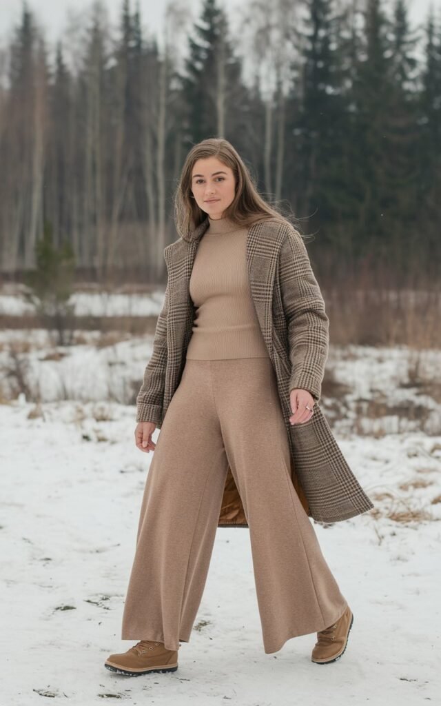 A natural-looking young woman wearing wide-leg pants paired with a fitted knit top and winter footwear. Theme winter outfits aesthetic