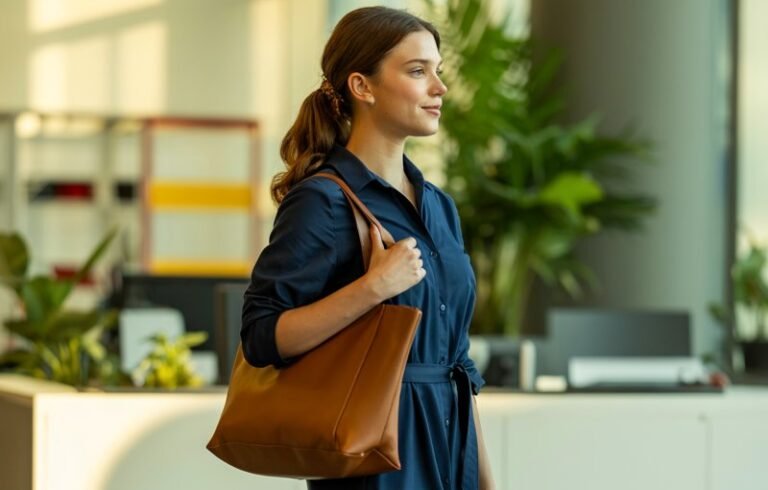 A photograph of a confident young woman in a casual work outfit, standing in a modern office environment with soft natural lighting. She wears a crisp navy blue belted shirt dress that falls just below the knee, cinched at the waist with a matching fabric belt, paired with comfortable tan leather ballet flats. Her hair is styled in a relaxed low ponytail, and she carries a structured brown leather tote bag over her shoulder. The background features a bright, contemporary workspace with white walls, potted plants, and large windows allowing warm afternoon sunlight to filter through.
