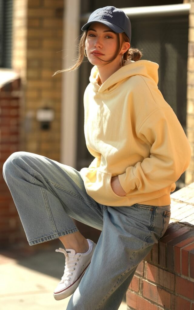 A photograph of a natural-looking young woman in her twenties wearing a relaxed, effortless outfit perfect for casual outings. She's dressed in a soft cream-colored oversized hoodie paired with high-waisted denim jeans, a backwards navy baseball cap with her hair casually tucked behind her ears, and classic white canvas sneakers with worn-in details. Her pose is relaxed and confident, perhaps leaning against a brick wall or sitting on a park bench with one leg crossed over the other. The lighting is soft and natural, capturing the laid-back atmosphere with warm, diffused sunlight that enhances the comfortable, approachable vibe of her chill street style.