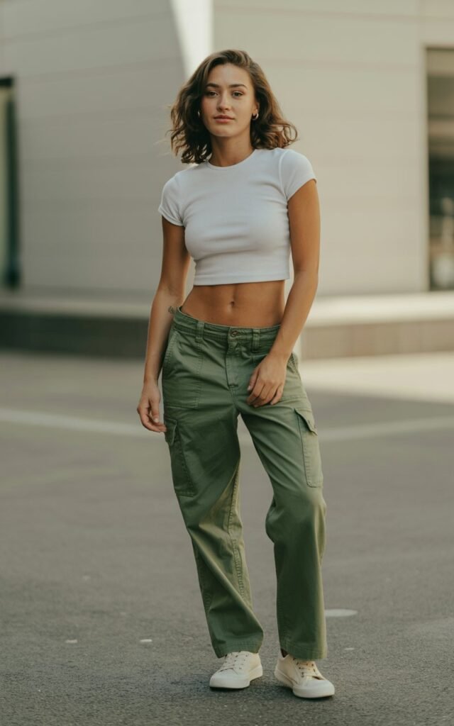 A fashion photograph of a young woman with effortless natural beauty, wearing a fitted white cotton crop top that reveals a hint of her midriff. She pairs it with relaxed olive green cargo pants that sit comfortably on her hips, complete with multiple pockets and a slightly oversized fit, along with clean white canvas sneakers. Her hair falls in loose waves around her shoulders, and she stands confidently with one hand casually resting on her hip against a minimalist urban backdrop. Soft, diffused natural lighting creates a warm, approachable atmosphere that emphasizes the relaxed yet stylish nature of the crop top ensemble.