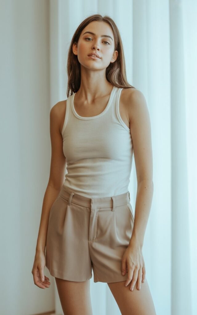 A natural-looking young woman wearing a basic tank styled with tailored shorts. Theme lookbook outfits