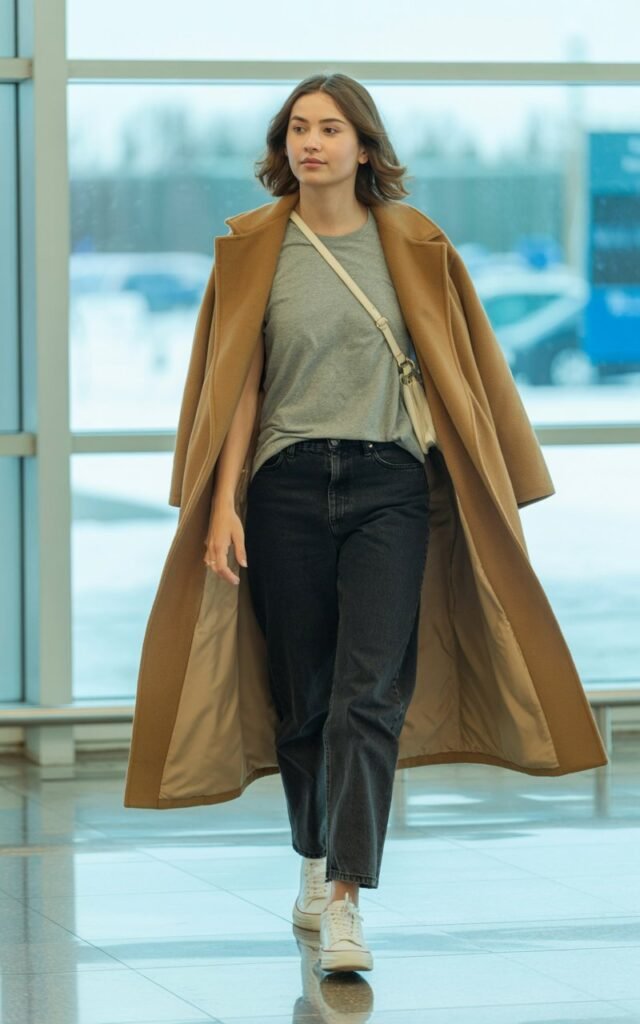 A natural-looking young woman wearing a basic tee and jeans topped with a statement coat. Theme airport outfit winter