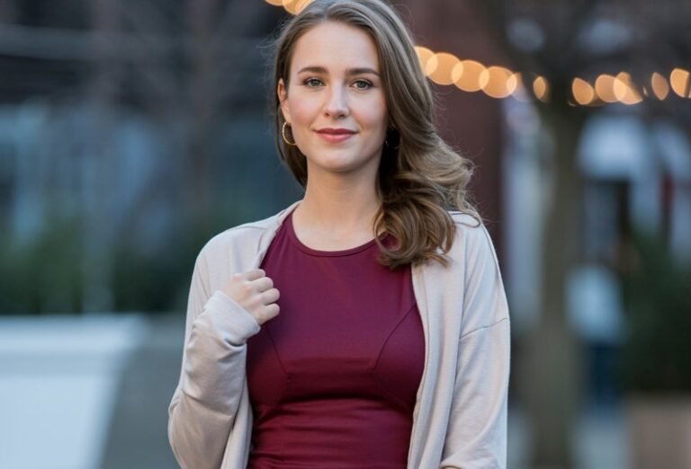 A natural-looking young woman wearing a bodycon dress layered with a long cardigan and over-the-knee boots. Theme date night outfit winter