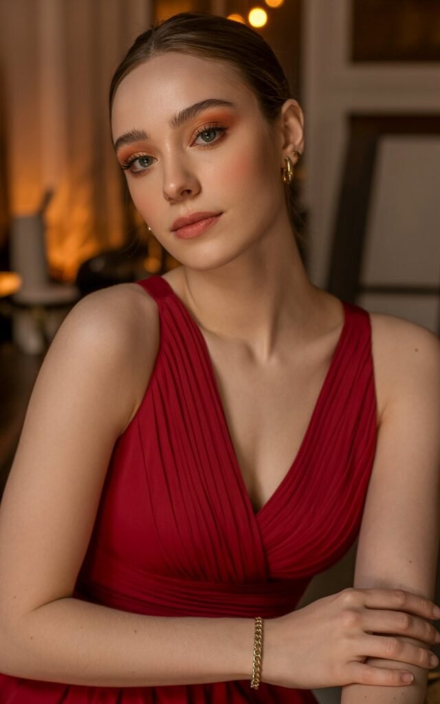 A natural-looking young woman wearing a bold red dress with minimal accessories and soft glam makeup. Theme date night outfit winter