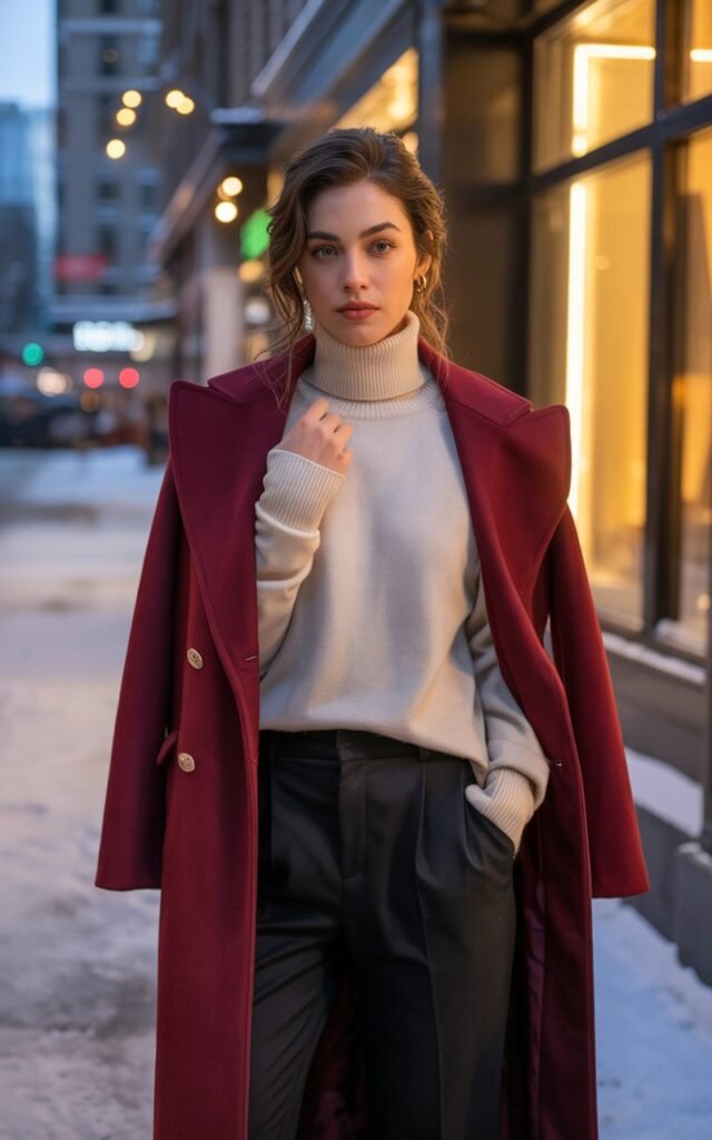 A natural-looking young woman wearing a bold statement coat layered over simple, streamlined basics. Theme date night outfit winter