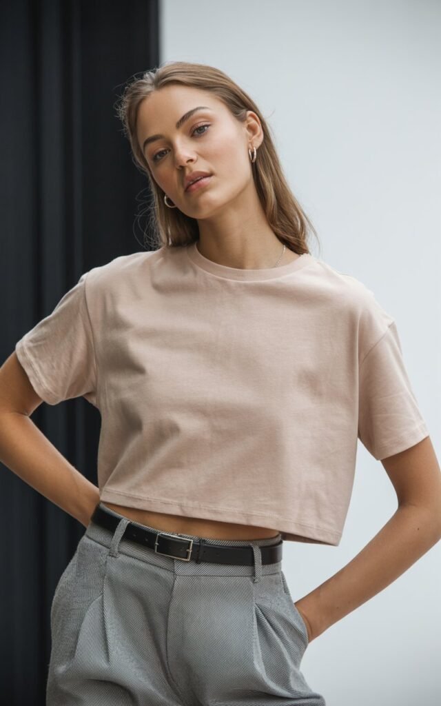 A natural-looking young woman wearing a boxy crop top with tailored trousers and a belt. Theme crop top outfits