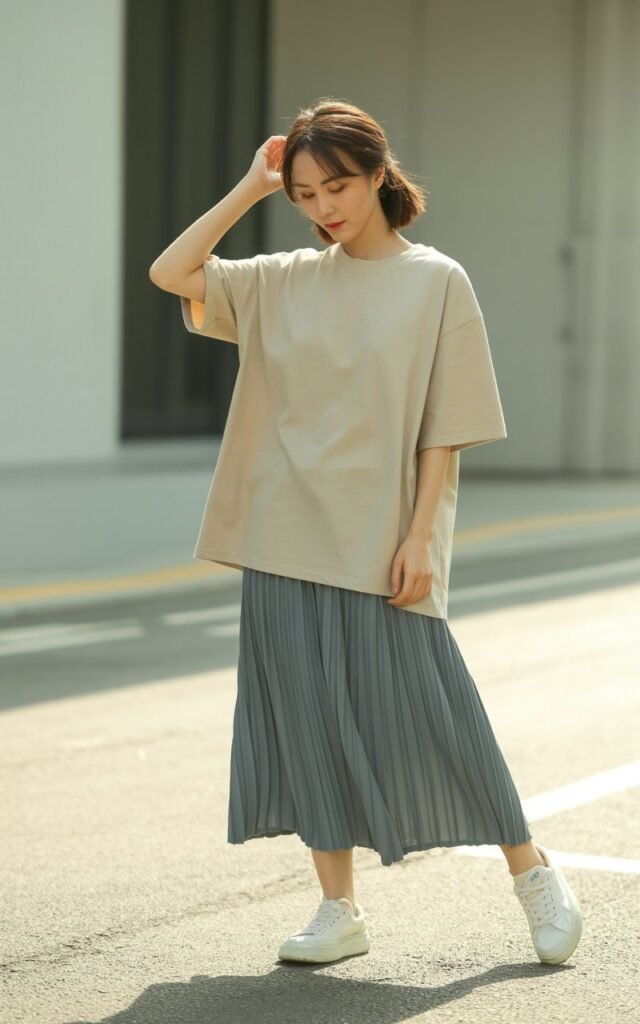 A natural-looking young woman wearing a boxy tee layered over a pleated midi skirt with casual sneakers. Theme korean casual outfits