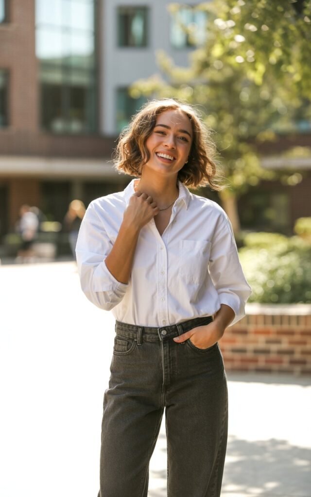 “A natural-looking young woman wearing a button-down shirt styled with straight-leg jeans. Theme cute outfits for school”