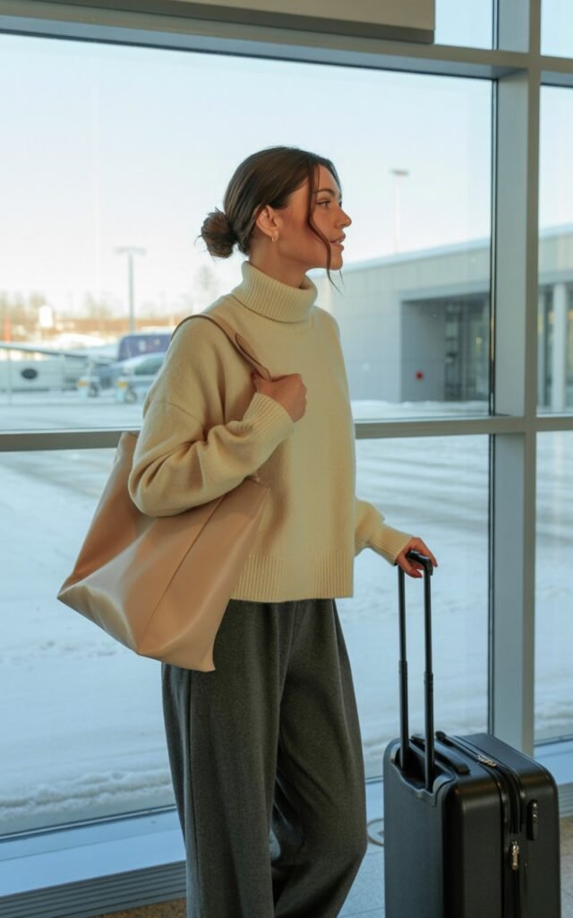 A natural-looking young woman wearing a cashmere sweater with wide-leg trousers. Theme airport outfit winter