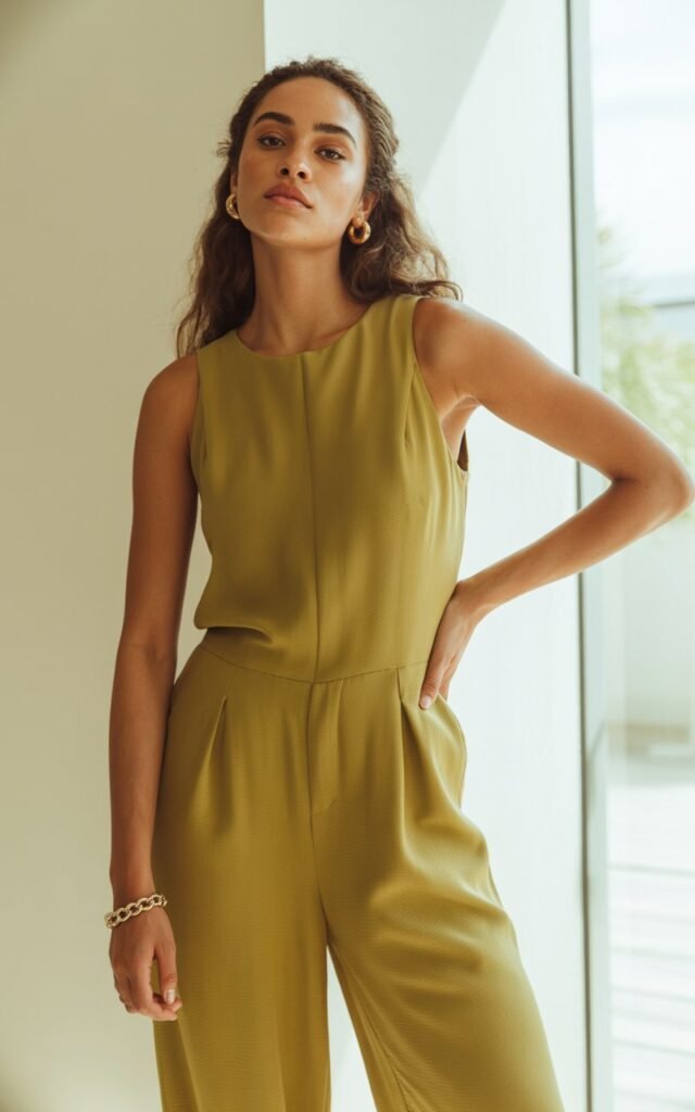 A natural-looking young woman wearing a chic jumpsuit styled with minimal accessories. Theme lookbook outfits