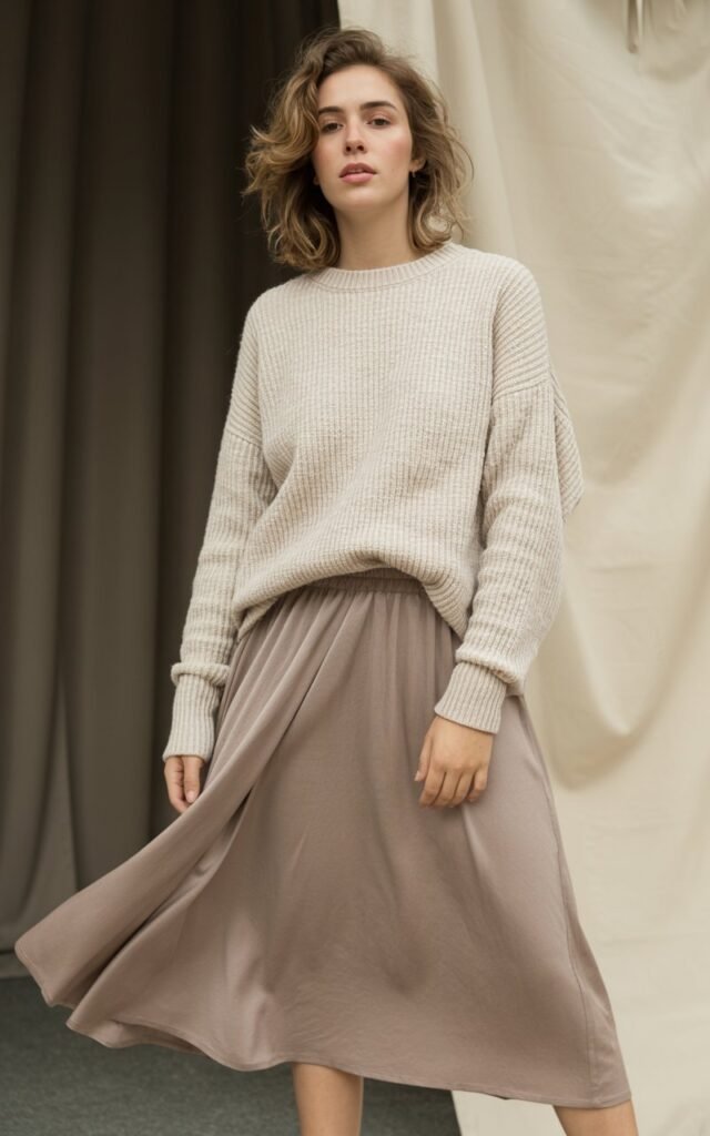 A natural-looking young woman wearing a chic jumpsuit styled with minimal accessories. Theme lookbook outfits