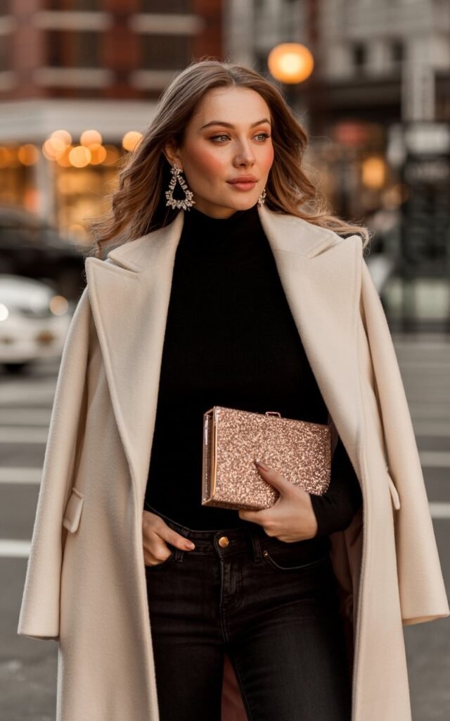 A natural-looking young woman wearing a chic winter outfit elevated with sparkling earrings and a metallic bag. Theme date night outfit winter