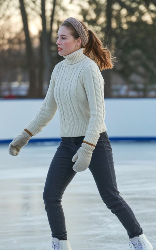 A natural-looking young woman wearing a chunky knit sweater paired with insulated skinny jeans. Theme ice skating outfit