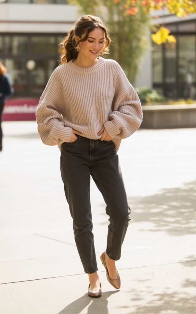 “A natural-looking young woman wearing a chunky knit sweater with slim-fit jeans and flats. Theme cute outfits for school”