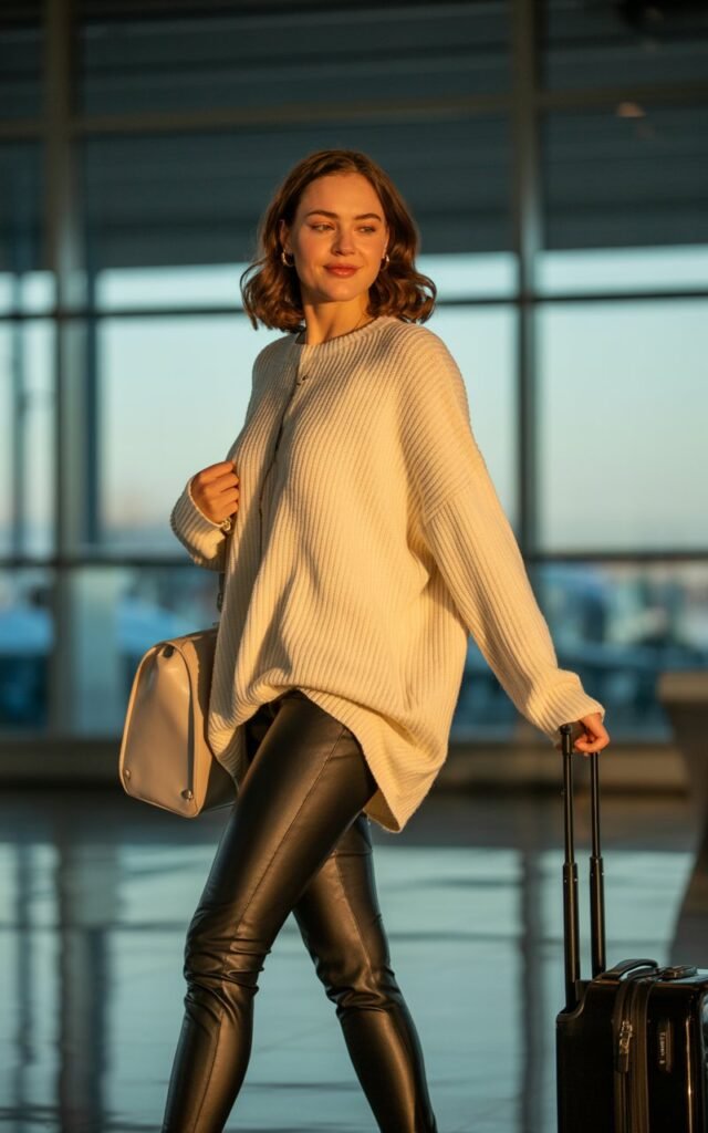 A natural-looking young woman wearing a chunky sweater with faux leather leggings. Theme airport outfit winter