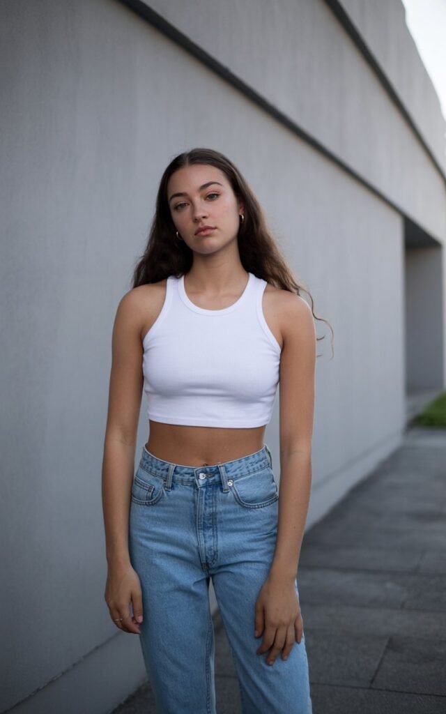 A natural-looking young woman wearing a classic crop top paired with high-waisted mom jeans. Theme 90s outfits